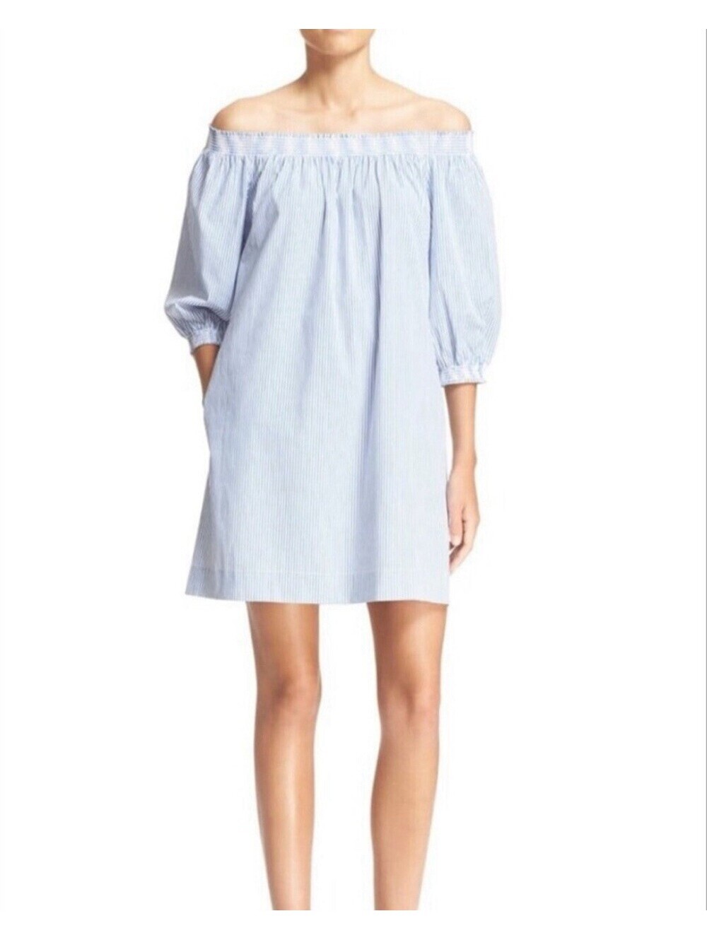 Trina Turk  Puff Sleeve Dress SMALL Boho Cottage Core Beachy Blue White Striped